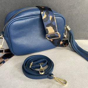 SALE!! Soft Navy Leather Handbag & Animal Print Patterned Strap