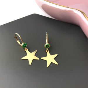 SALE!! Gold Filled Star Earrings With Green Crystals