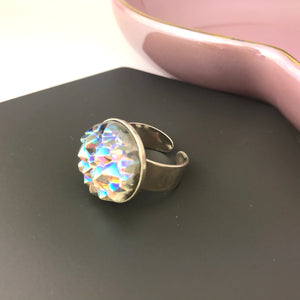 Sterling Silver AB Vintage Glass Stone Adjustable Ring