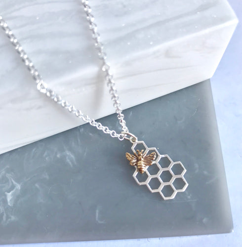 Sterling Silver Honeycomb & Bronze Bee Necklace
