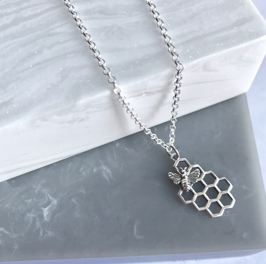 Sterling Silver Honeycomb & Silver Bee Necklace