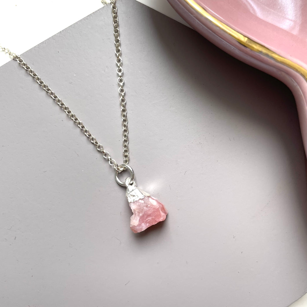 Sterling Silver Pink Opal Raw Crystal Necklace