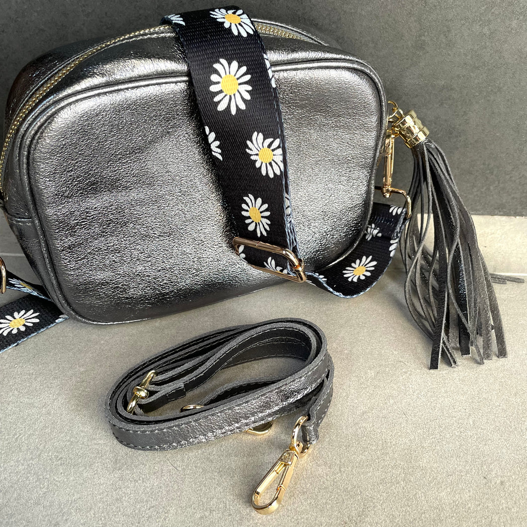 SALE!! Soft Pewter Leather Handbag & Daisy Patterned Strap