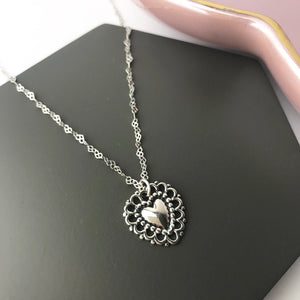 Sterling Silver Doily Heart Necklace