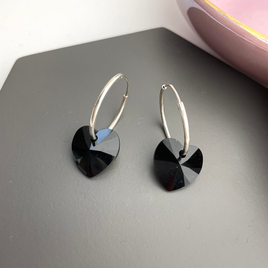 SALE!! Sterling Silver Hoops With Black Crystal Hearts