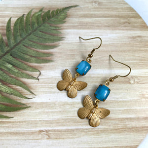 Gold Butterfly & Glass Stone Earrings