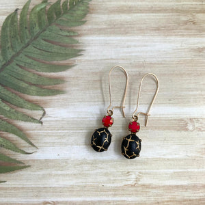 Gold Filled Vintage Black/Red Glass Stone Earrings