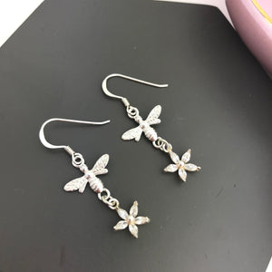 sterling silver bee and crystal flower earrings